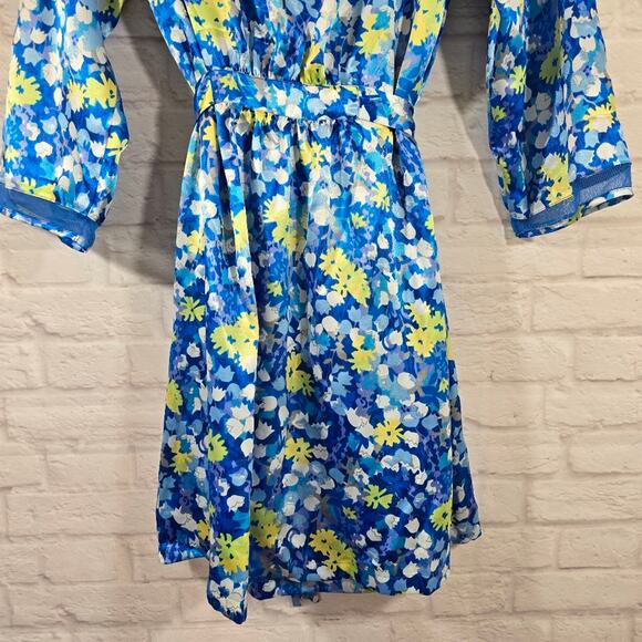 L Oscar De La Renta Pink Label VTG Blue Floral Slip & Robe Set Sze L Satin Bloom - Picture 8 of 16